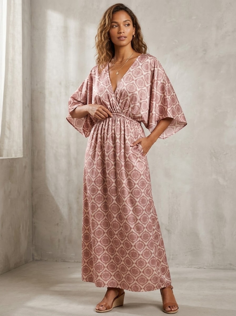 NWOT Zara Cotton Geometric Print Boho Festival Kafan Maxi Dress Pink Medium